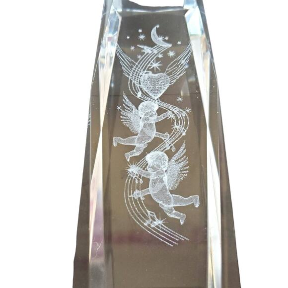 3D Cherub Laser Etched Lead Crystal Glass Solid Monolith Paperweight - Picture 4 of 7
